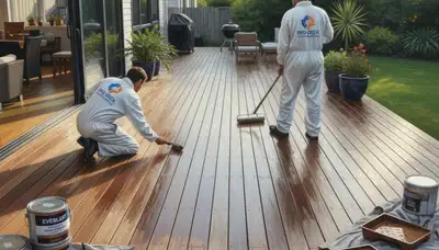 Staten Island painters staining a wood deck for durable protection against weather and salt air