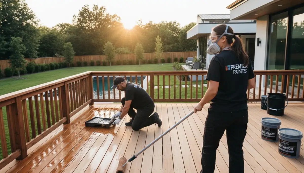Staten Island, NY deck painting service by Paint Pros applying durable wood finish